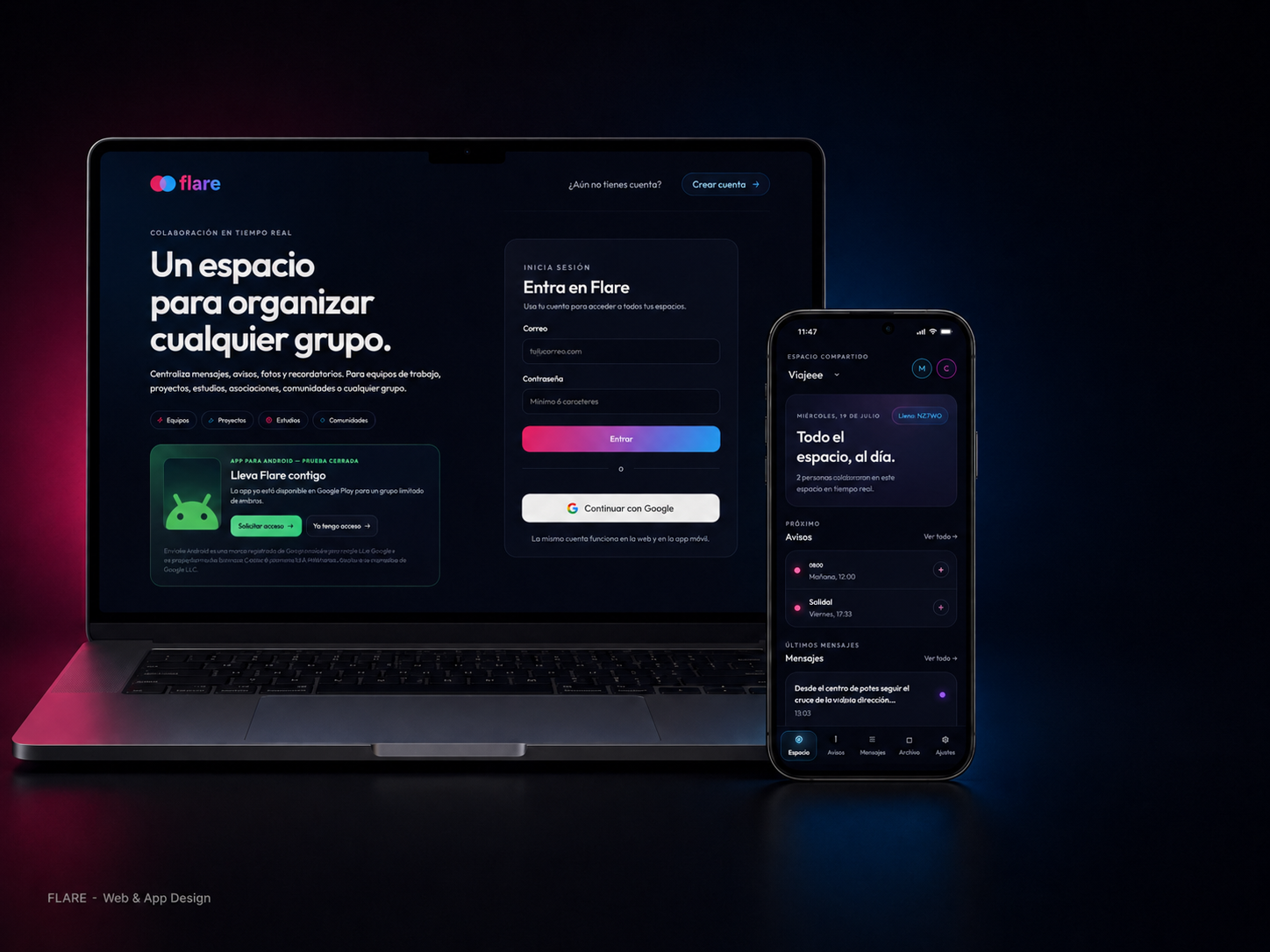 FLARE: vista del producto en web y móvil